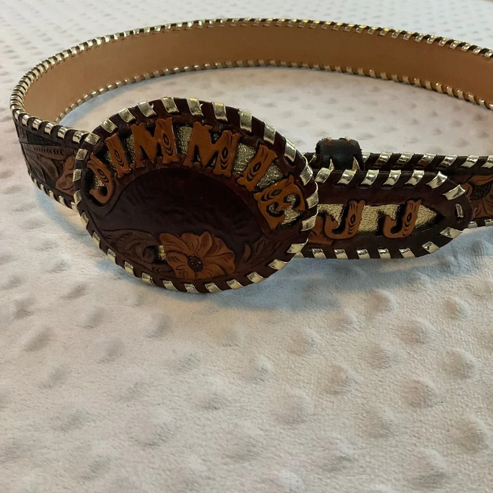 Hand Tooled Western Leather Belt Jimmie JU Brown Gold‎ Floral Cowboy Rodeo Men